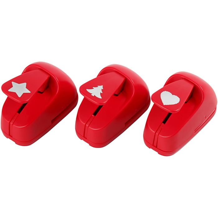 Set de perforatrices, ëtoile, coeur, sapin de Noël, dim. 16 mm, rouge, 3 pièces/ 1 set