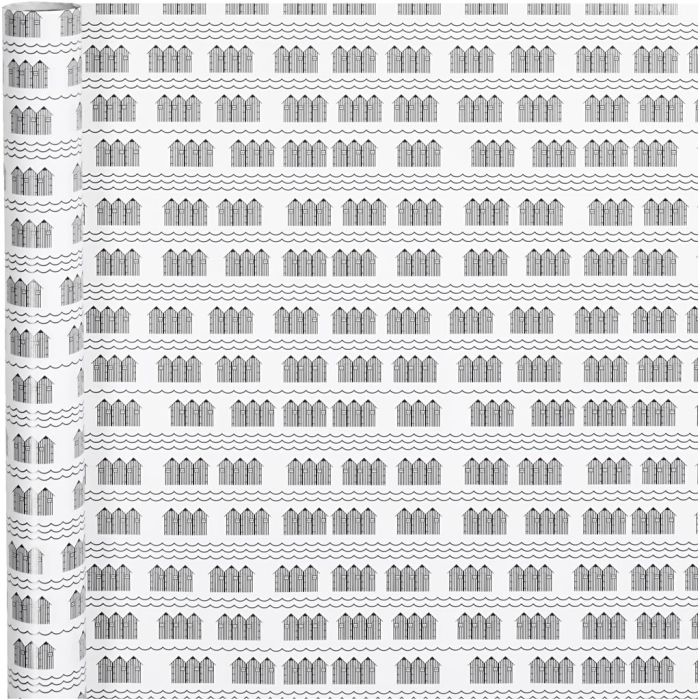 Papier cadeau, cabines de plage, L : 70 cm, 80 gr, noir, blanc, 4 m/ 1 rouleau