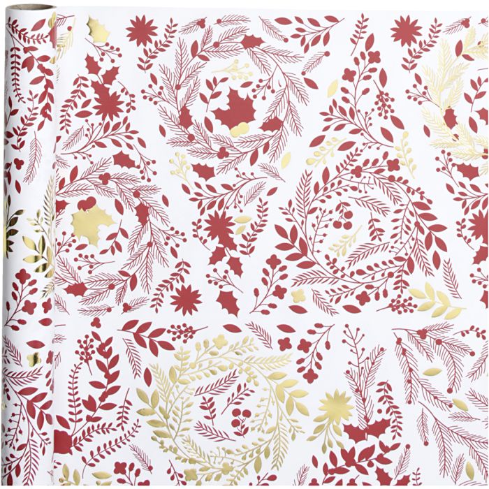 Papier cadeau, Sapins de Noël, L : 50 cm, 80 gr, or, rouge, blanc, 3 m/ 1 rouleau