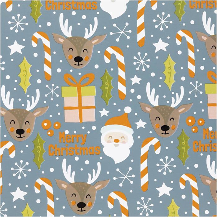 Papier cadeau, Père Noël, cadeau de Noël, sucette, renne, L : 50 cm, 80 gr, gris, 100 m/ 1 rouleau