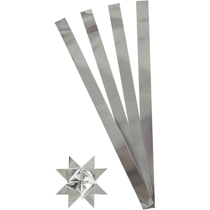 Bandes de papier étoiles, L : 73 cm, d 11,5 cm, L : 25 mm, argent, 100 bandes/ 1 Pq.