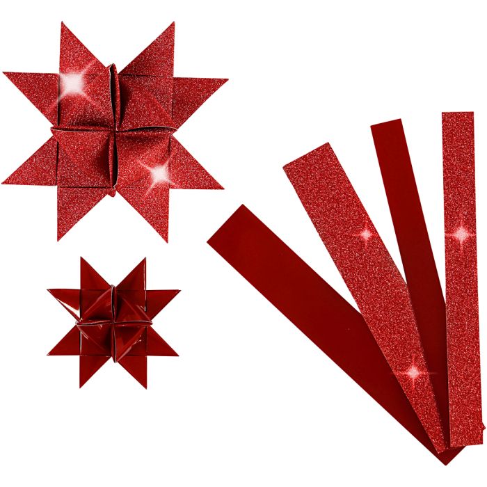 Bandes de papier étoiles, L : 44+78 cm, L : 15+25 mm, d 6,5+11,5 cm, paillettes,vernis, rouge, 40 bandes/ 1 Pq.