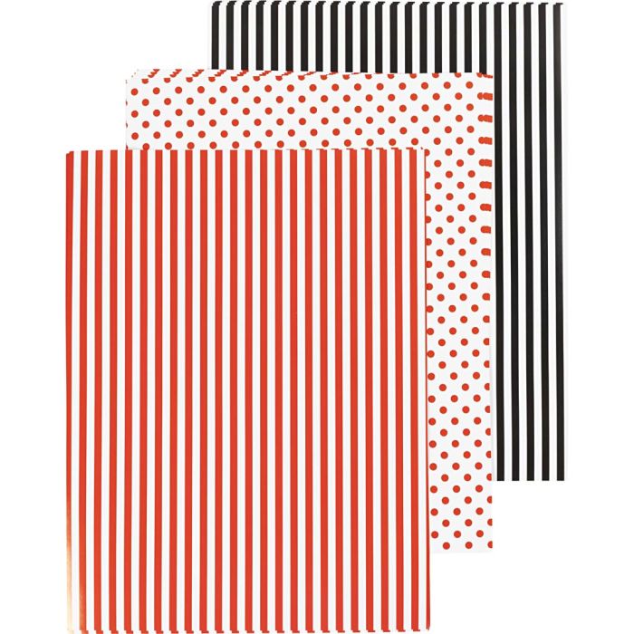 Papier glacé, bandelettes, points, feuille 25x35 cm, 80 gr, noir, rouge, blanc, 25 flles/ 1 Pq.