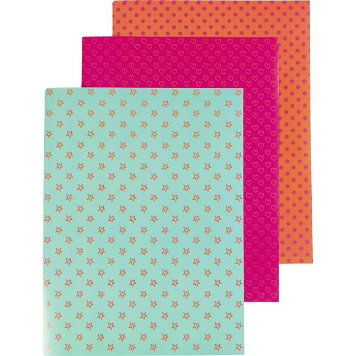 Papier glacé, pois, cœurs et étoiles, feuille 25x35 cm, 80 gr, orange, rose, vert bleuté, 25 flles/ 1 Pq.