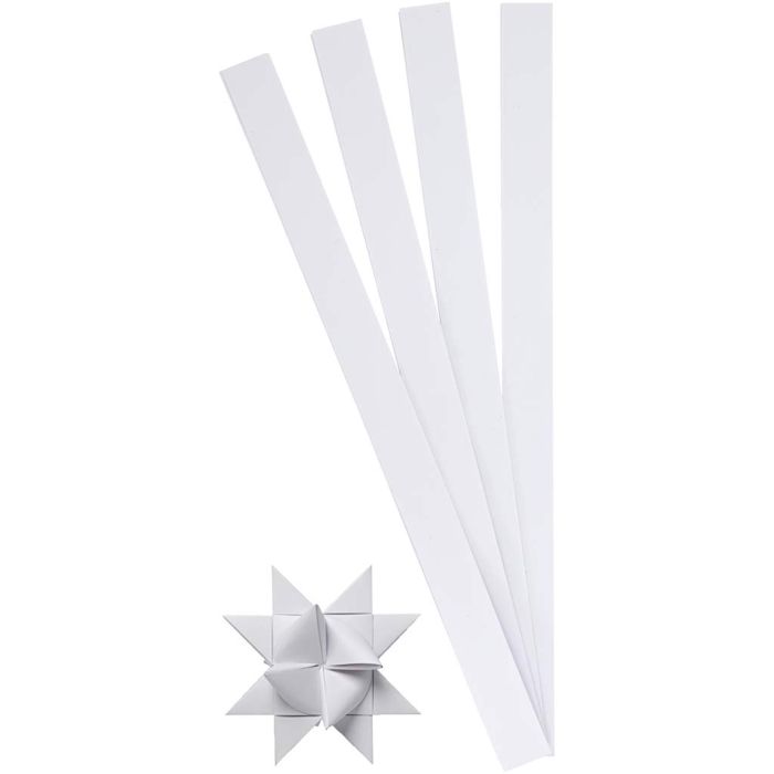 Bandes de papier étoiles, L : 45 cm, d 6,5 cm, L : 15 mm, blanc, 100 bandes/ 1 Pq.