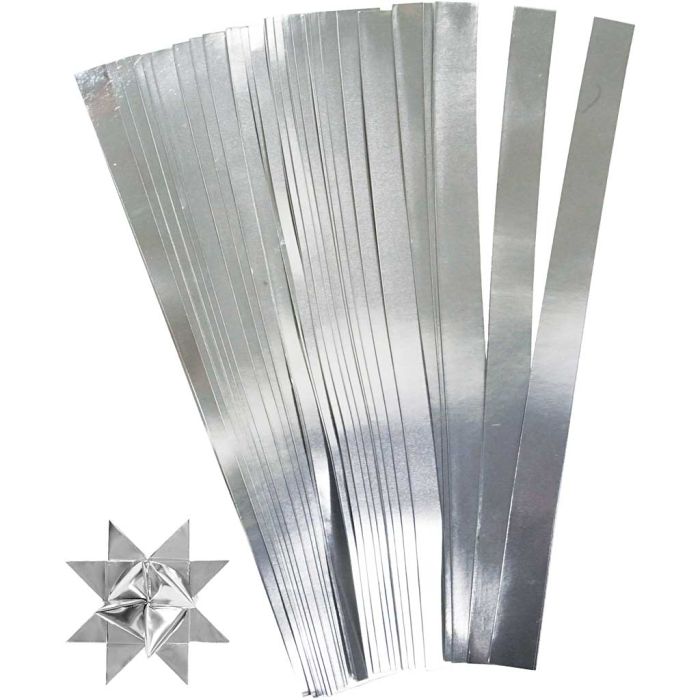 Bandes de papier étoiles, L : 45 cm, L : 15 mm, d 6,5 cm, argent, 100 bandes/ 1 Pq.