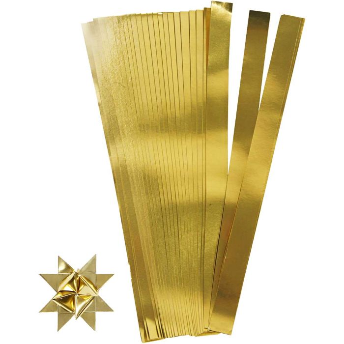 Bandes de papier étoiles, L : 45 cm, L : 15 mm, d 6,5 cm, or, 100 bandes/ 1 Pq.