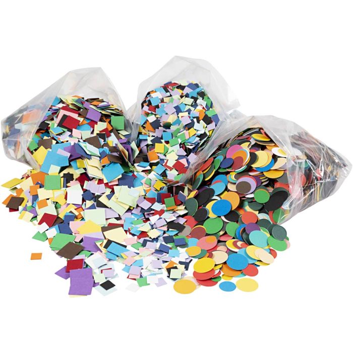Mosaïques en papier cartonné, dim. 10+15+20 mm, ca. 80000 pièce, ass. de couleurs, 8x180 gr/ 1 Pq.