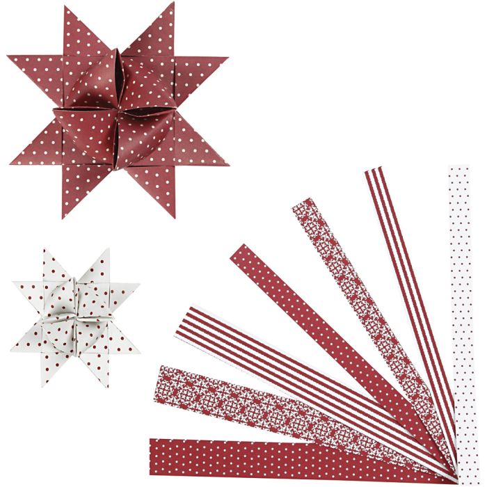 Bandes de papier étoiles, L : 44+78 cm, L : 15+25 mm, d 6,5+11,5 cm, rouge, blanc, 60 bandes/ 1 Pq.