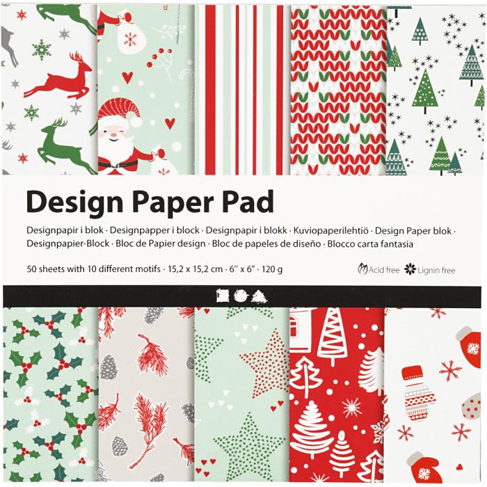 Bloc de papier design, feuille 15,2x15,2 cm, Noël, 120 gr, vert, rouge, blanc, 50 flles/ 1 Pq.