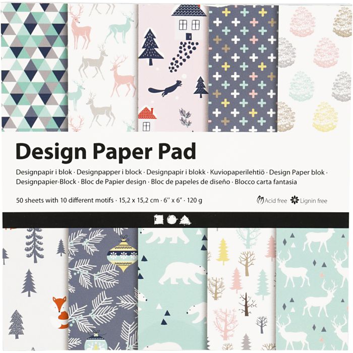 Bloc de papier design, Motifs de Noël, feuille 15,2x15,2 cm, 120 gr, vert clair, rose, blanc, 50 flles/ 1 Pq.