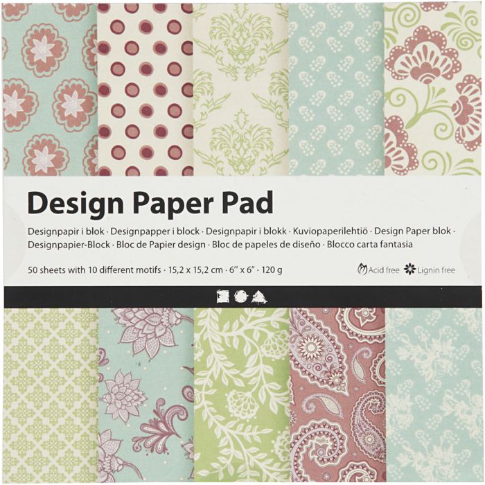 Bloc de papier design, feuille 15,2x15,2 cm, 120 gr, vert menthe, violet, 50 flles/ 1 Pq.