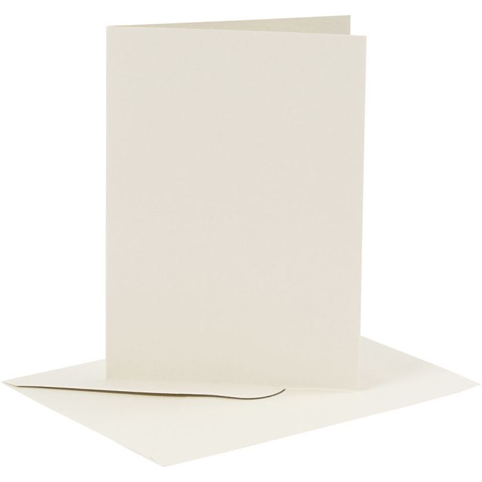 Cartes et enveloppes, dimension carte 10,5x15 cm, dimension enveloppes 11,5x16,5 cm, 110+230 gr, blanc cassé, 6 set/ 1 Pq.