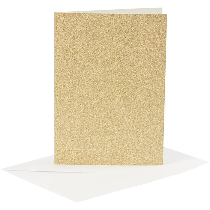Cartes et enveloppes, dimension carte 10,5x15 cm, dimension enveloppes 11,5x16,5 cm, paillettes, 120+250 gr, or, 4 set/ 1 Pq.