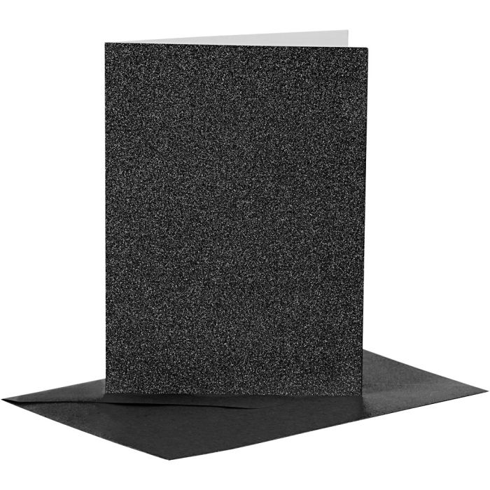 Cartes et enveloppes, dimension carte 10,5x15 cm, dimension enveloppes 11,5x16,5 cm, paillettes, 110+250, noir, 4 set/ 1 Pq.