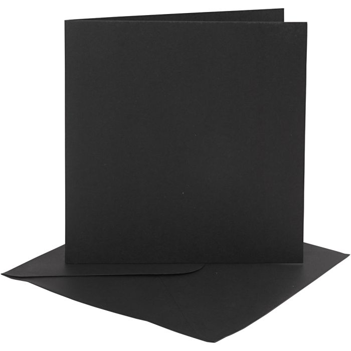 Cartes et enveloppes, dimension carte 15x15 cm, dimension enveloppes 16x16 cm, 230 gr, noir, 4 set/ 1 Pq.