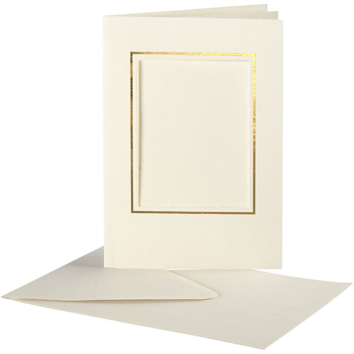 Cartes cadres et enveloppes, rectangulaire avec bord doré, dimension carte 10,5x15 cm, dimension enveloppes 11,5x16,5 cm, blanc cassé, 10 set/ 1 Pq.