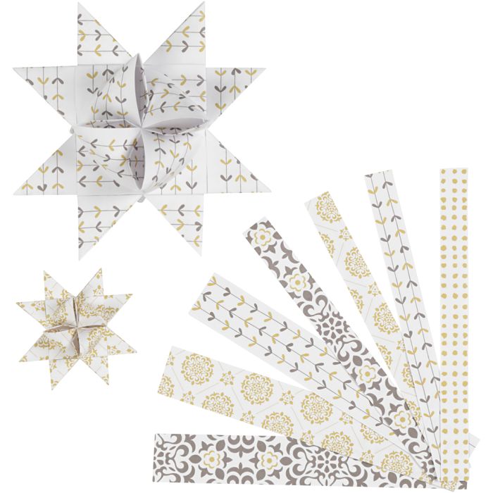 Bandes de papier étoiles, L : 44+78 cm, d 6,5+11,5 cm, L : 15+25 mm, or, blanc, 48 bandes/ 1 Pq.