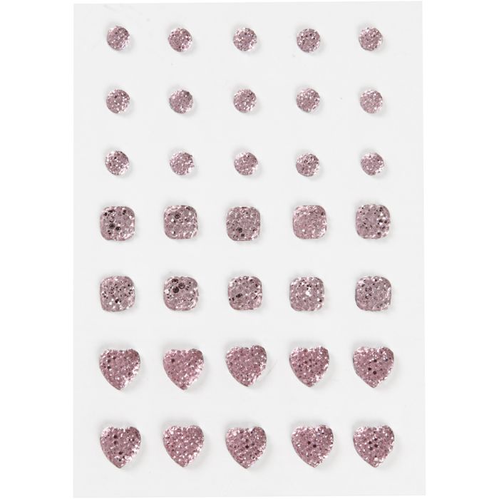Pierres de strass, rond, carré, coeur, dim. 6+8+10 mm, rose, 35 pièces/ 1 Pq.