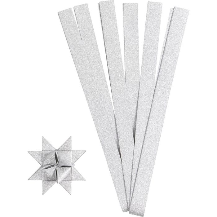 Bandes de papier étoiles, L : 45 cm, L : 15 mm, argent scintillant, 50 pièces/ 1 Pq.