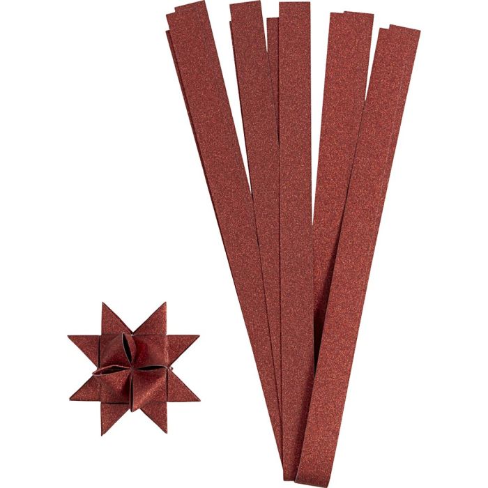 Bandes de papier étoiles, L : 45 cm, L : 15 mm, glitter rouge, 50 pièces/ 1 Pq.