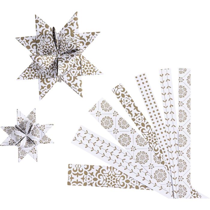 Bandes de papier étoiles, L : 44+78 cm, L : 15+25 mm, d 6,5+11,5 cm, or, blanc, 60 pièces/ 1 Pq.
