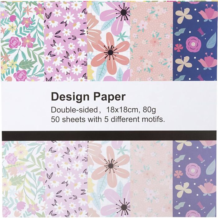 Papier design, feuille 18x18 cm, fleurs, 80 gr, 50 flles/ 1 Pq.
