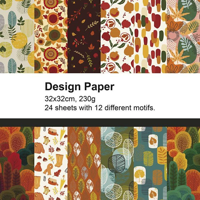 Papier design, automne, feuille 32x32 cm, 230 gr, 24 flles/ 1 Pq.