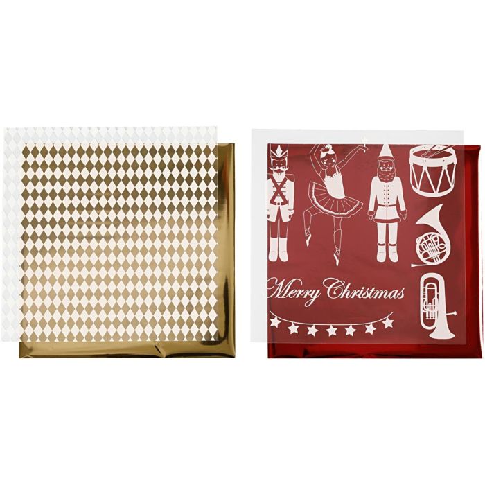 Film décoratif et feuille de papier transfert, casse-noisette, Père Noël et ballerine, feuille 15x15 cm, or, rouge, blanc, 4 flles/ 1 Pq.