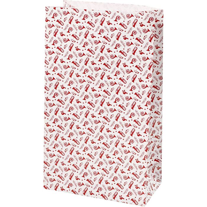 Sac en papier, trompette, H : 21 cm, dim. 6x12 cm, 80 gr, rouge, blanc, 8 pièces/ 1 Pq.