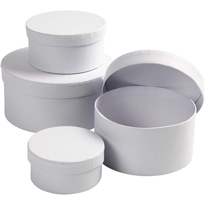 Boîtes Rondes, dim. 8x4 + 10x5 + 12x6 + 14x7 cm, blanc, 4 pièces/ 1 set