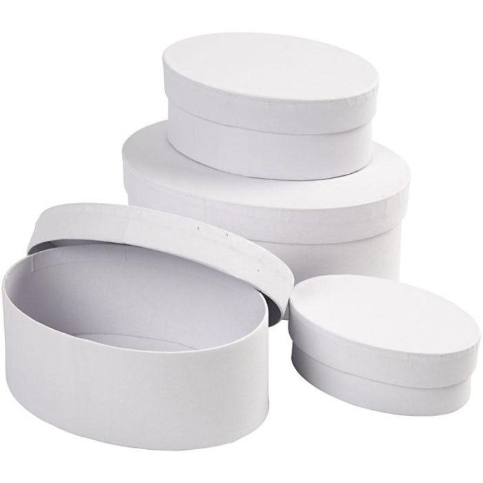 Boîtes Ovales, L : 10+12+14+16 cm, dim. 10x4 + 12x5 + 14x6 + 16x7 cm, blanc, 4 pièces/ 1 set