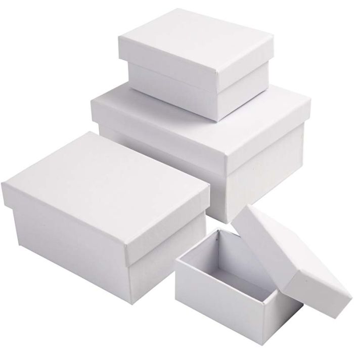 Boîtes Rectangulaires, dim. 7,5x5x3,5 + 9,5x7x4,5 + 11,5x8,5x5,5 + 14x11x6,5 cm, blanc, 4 pièces/ 1 set