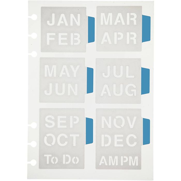 Pochoir, les mois de l'année, feuille 12,5x17,5 cm, 1 flles