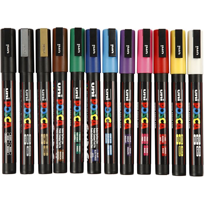 Marqueur Posca, dim. PC-3M, trait 0,9-1,3 mm, fin, ass. de couleurs, 12 pièces/ 1 Pq.