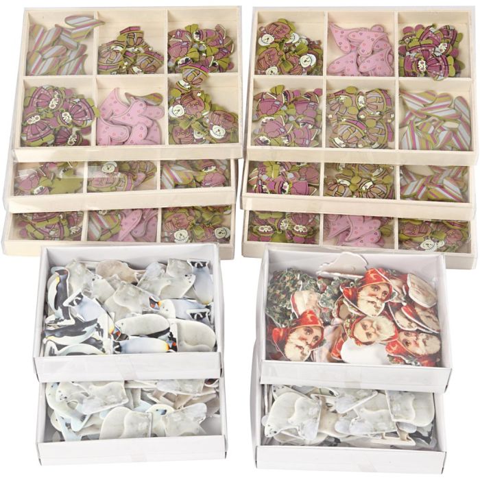 Stickers en bois, H : 40-50 mm, L : 15-45 mm, Le contenu peut varier , 600 pièces/ 1 Pq.