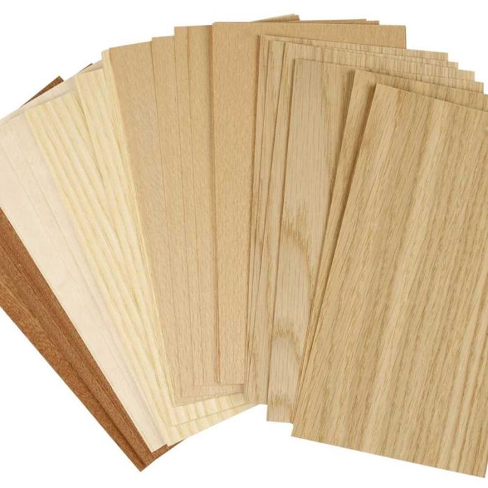 Feuilles de Placage en Bois, feuille 12x22 cm, ép. 0,75 mm, 30 flles ass./ 1 Pq.