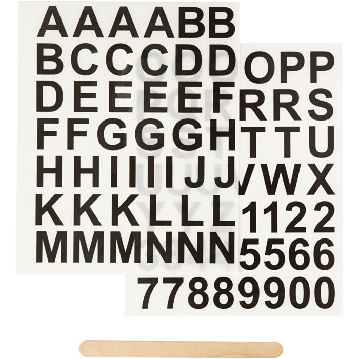 Décalcomanies, lettres et chiffres, H : 17 mm, L : 17 mm, feuille 12,2x15,3 cm, noir, 2 flles/ 1 Pq.