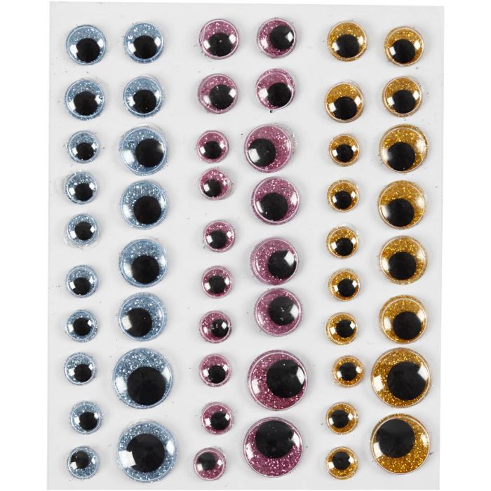 Yeux loucheurs, d 8+10+12+15 mm, bleu clair, or, rouge clair, 54 pièces/ 1 flles
