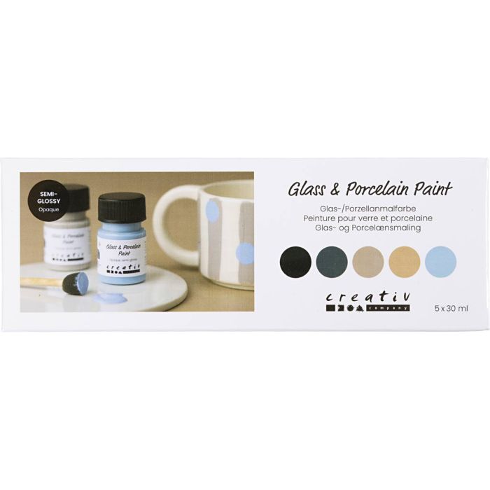 Peinture pour verre et porcelaine, semi-brillant, opaque, Couleurs naturelles, 5x30 ml/ 1 Pq.