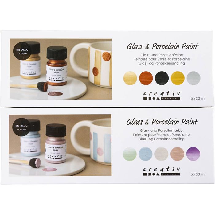 Peinture pour verre et porcelaine, Métallisé, opaque, couleurs pastel, 10x30 ml/ 1 Pq.
