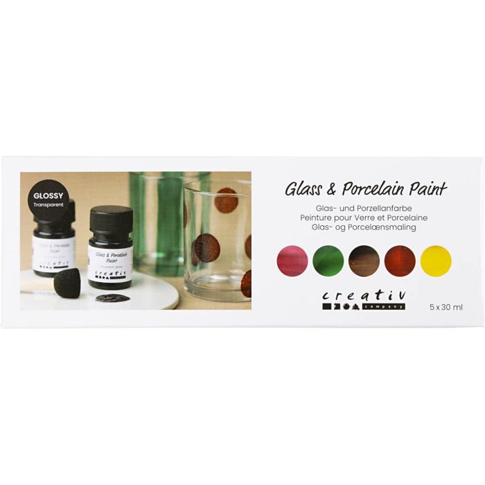 Peinture pour Verre et Porcelaine, brillante, transparent, Couleurs naturelles, 5x30 ml/ 1 Pq.