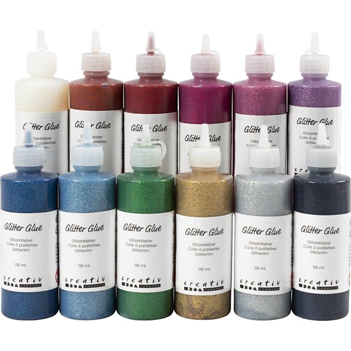 Colle à paillettes, ass. de couleurs, 12x118 ml/ 1 Pq.