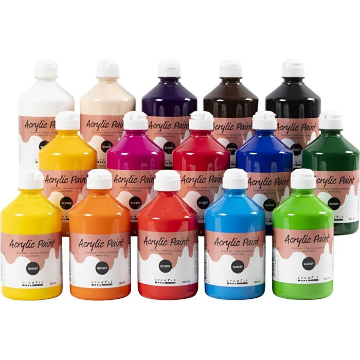Peinture Acrylique Brillante, ass. de couleurs, 15x500 ml/ 1 Pq.