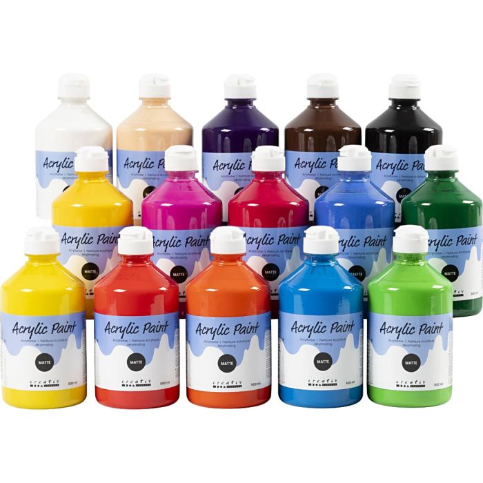 Peinture Acrylique Mate, ass. de couleurs, 15x500 ml/ 1 Pq.