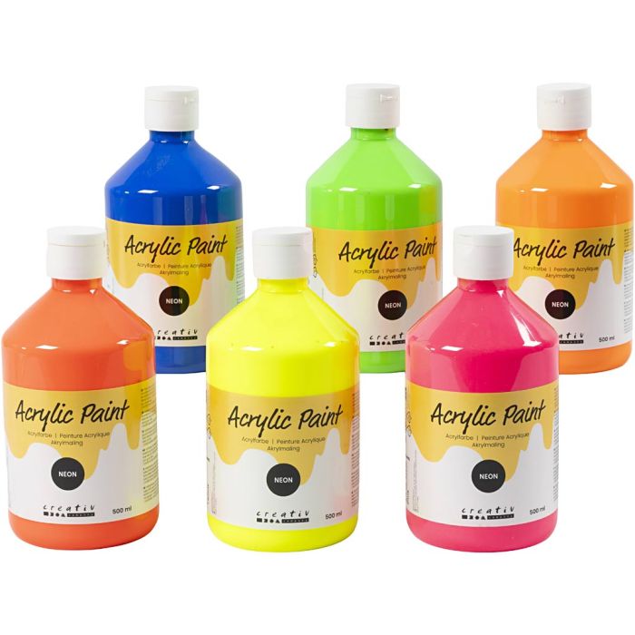 Peinture Acrylique Néon, couleurs néons, 6x500 ml/ 1 Pq.