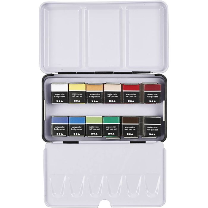 Aquarelles Art, ½-pan, dim. 10x15x20 mm, couleurs classiques, 12 couleurs/ 1 Pq.
