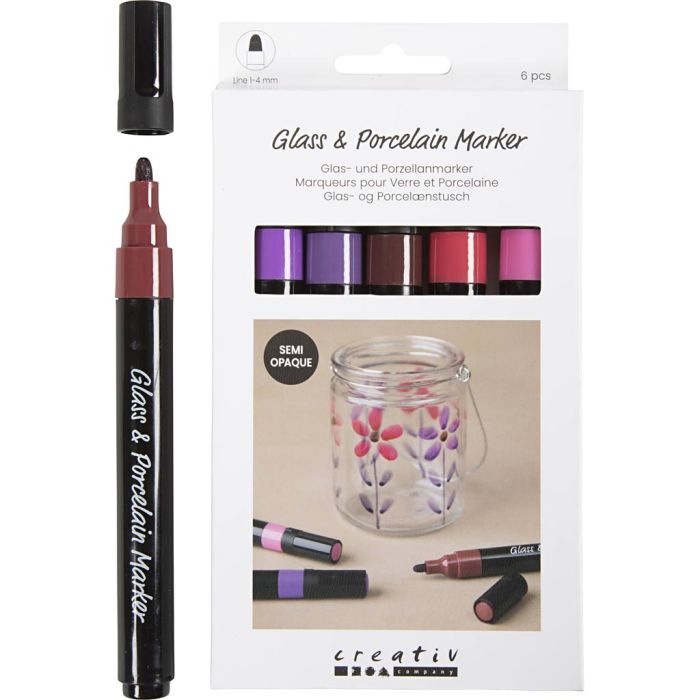 Feutres pour verre et porcelaine, trait 1-4 mm, semi opaque, harmonie violet/rose, 6 pièces/ 1 Pq.