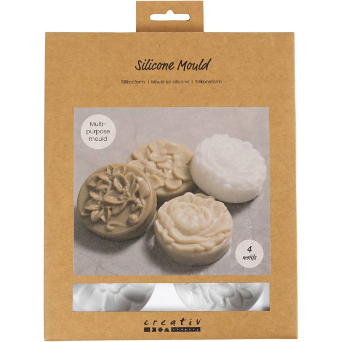 Moule en silicone, Rond décoré d'un motif floral , L : 6,8 cm, L : 2,3 cm, 4 pièces/ 1 Pq.