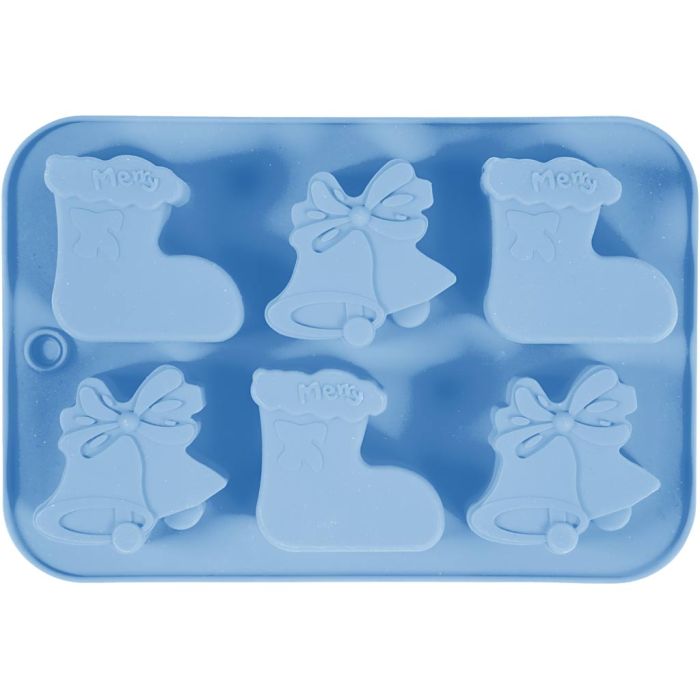 Moule en silicone, bas de Noël et cloches, H : 2,5 cm, L : 6 cm, L : 7,5 cm, 12,5 ml, 1 pièce